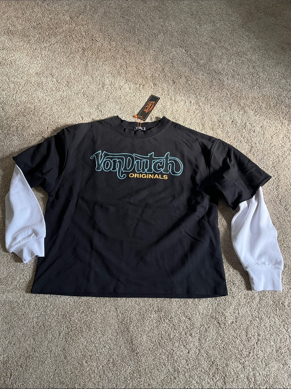 Von Dutch Originals Boxy layered top with waffle knit sleeves
